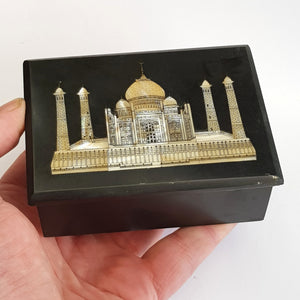 Superb Carved Slate Mother Of Pearl Inlaid Taj Mahal Souvenir Trinket Box Indian Vintage circa 1930