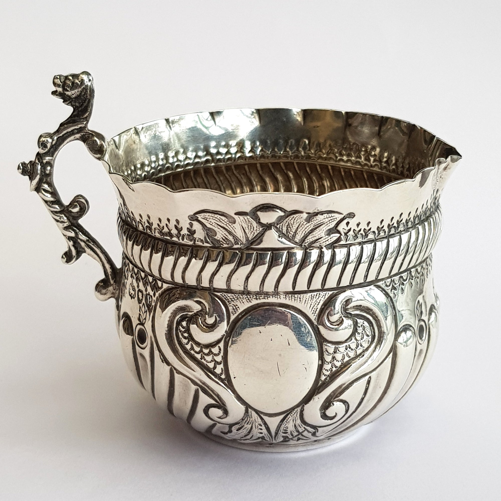 Superb Sterling Silver Fluted Repousse Serpent Handled Small Creamer Jug Antique London circa 1890