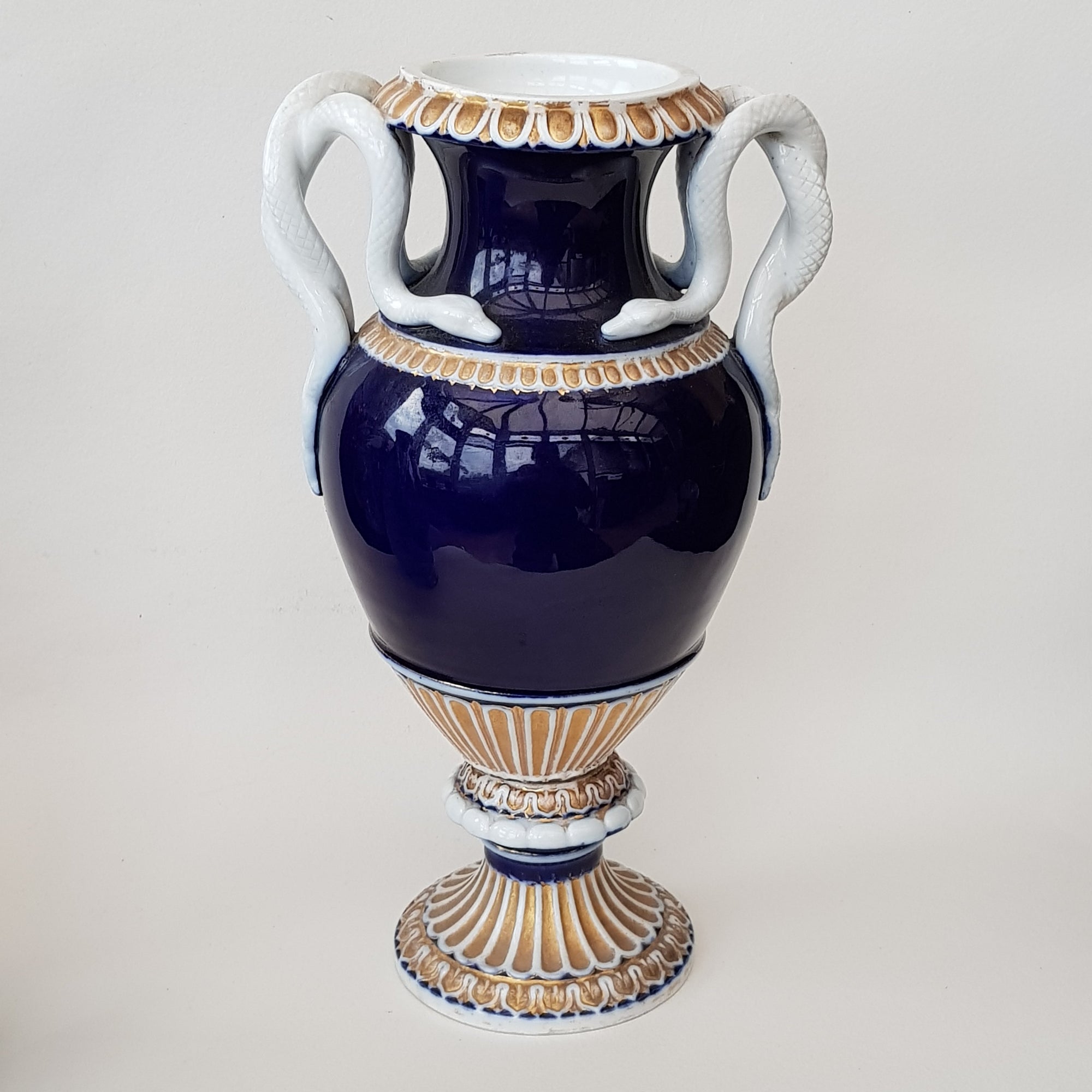 19th Century Meissen Porcelain Gilt Cobalt Blue Coiled Snake Handled Urn Vase Antique Circa 1880