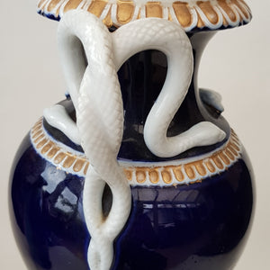 19th Century Meissen Porcelain Gilt Cobalt Blue Coiled Snake Handled Urn Vase Antique Circa 1880