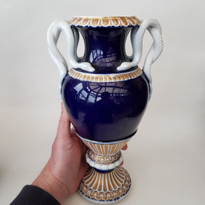 19th Century Meissen Porcelain Gilt Cobalt Blue Coiled Snake Handled Urn Vase Antique Circa 1880