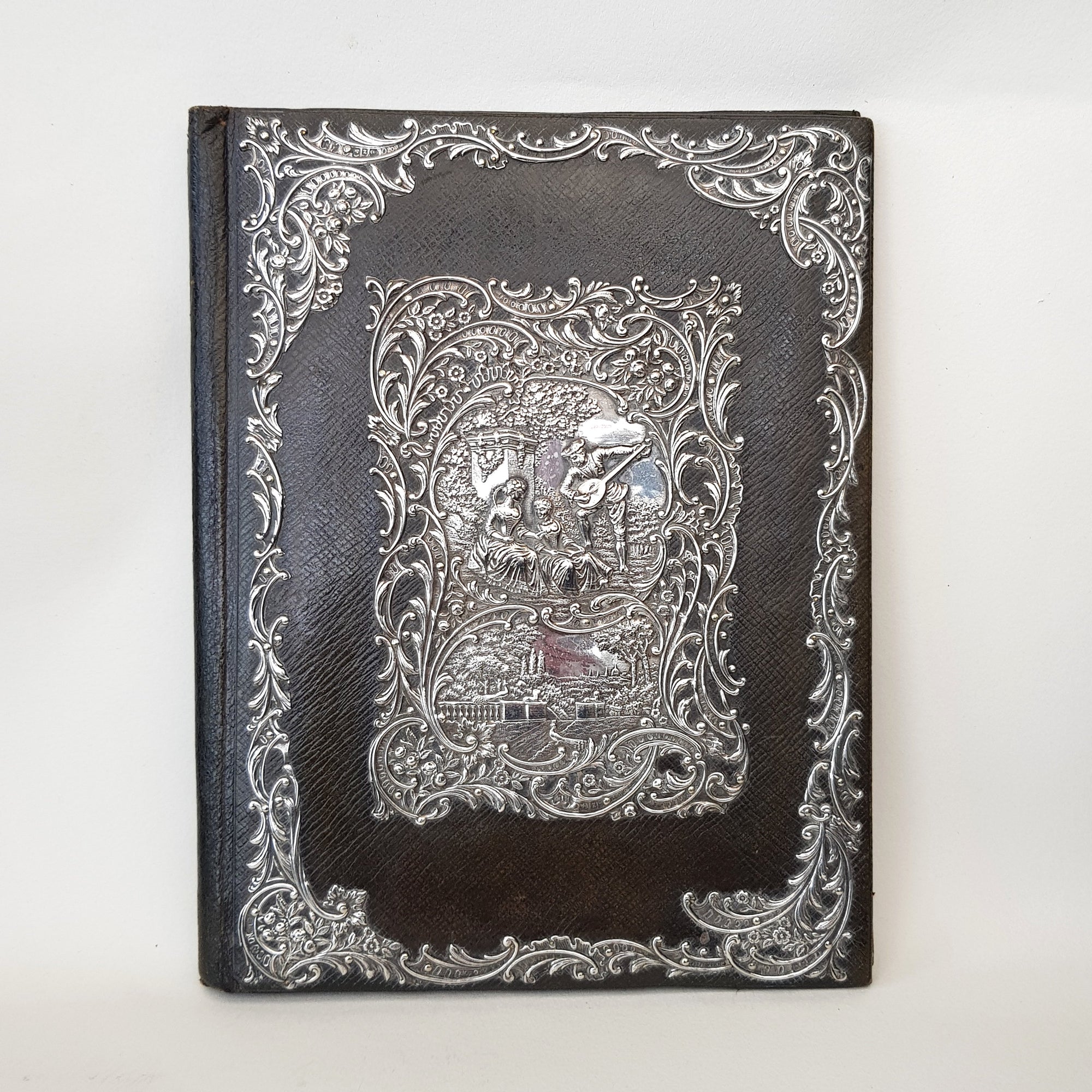 Sterling Silver Tudor Pictorial Mounted Leather Writing Folder Antique Victorian Birmingham circa 1899