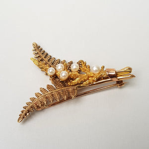 9k Gold Pearl Set Double Fern Leaf Brooch Alabaster & Wilson Vintage Birmingham circa 1995