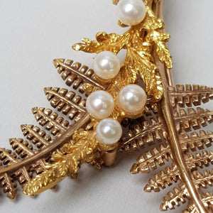 9k Gold Pearl Set Double Fern Leaf Brooch Alabaster & Wilson Vintage Birmingham circa 1995