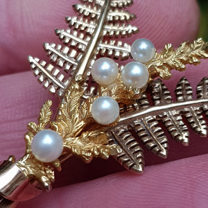 9k Gold Pearl Set Double Fern Leaf Brooch Alabaster & Wilson Vintage Birmingham circa 1995