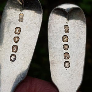 English Sterling Silver Fine Pair Of Fiddle Pattern Table Spoons Antique Victorian London Circa  1845