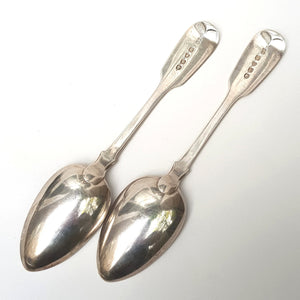 English Sterling Silver Fine Pair Of Fiddle Pattern Table Spoons Antique Victorian London Circa  1845