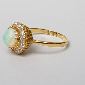 Superb 18k Gold Diamond And Opal Cabochon Daisy Cluster Ring Size U.K N 1/2 Vintage Art Deco circa 1920's