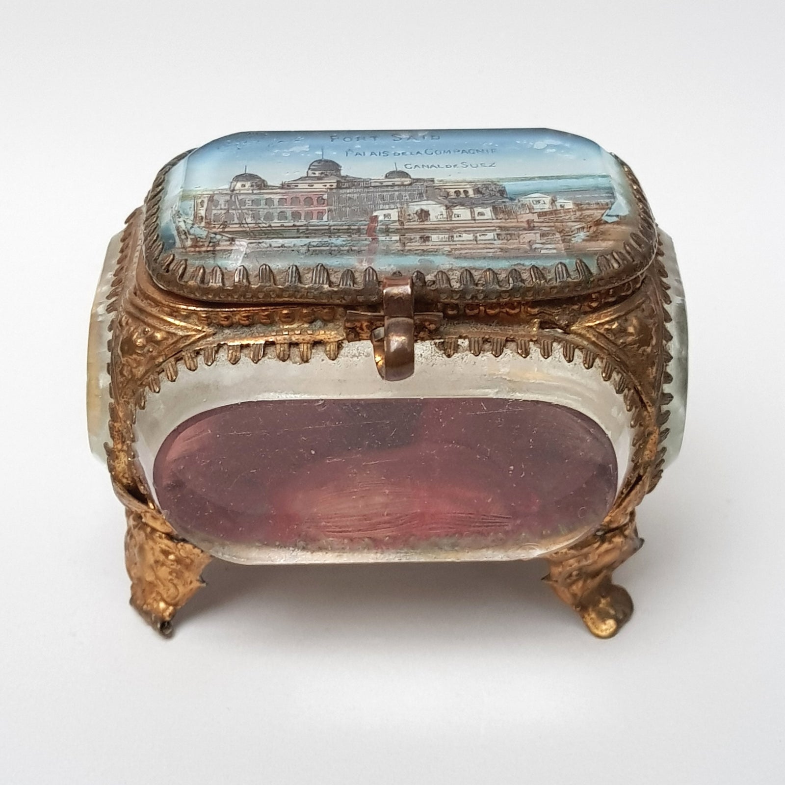 French Gilded Tin Bevel Glass Windowed Souvenir Trinket Casket Box For Port Said Suez Canal Souvenir Antique circa 1900