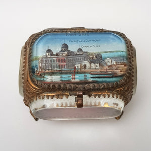 French Gilded Tin Bevel Glass Windowed Souvenir Trinket Casket Box For Port Said Suez Canal Souvenir Antique circa 1900