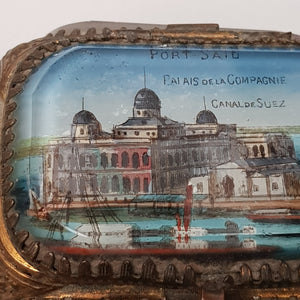 French Gilded Tin Bevel Glass Windowed Souvenir Trinket Casket Box For Port Said Suez Canal Souvenir Antique circa 1900