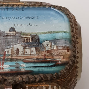 French Gilded Tin Bevel Glass Windowed Souvenir Trinket Casket Box For Port Said Suez Canal Souvenir Antique circa 1900