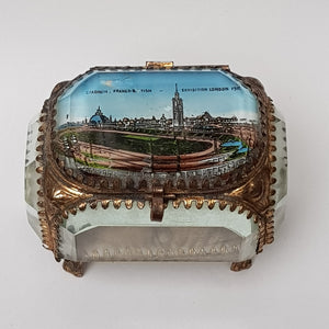 French Gilded Tin Bevel Glass Windowed Souvenir Trinket Box For The British Franco Exhibition London Antique circa 1908