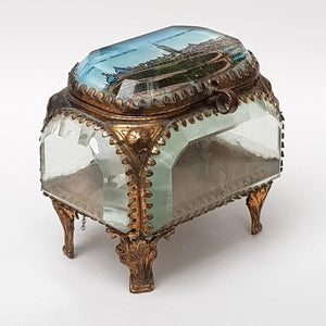 French Gilded Tin Bevel Glass Windowed Souvenir Trinket Box For The British Franco Exhibition London Antique circa 1908