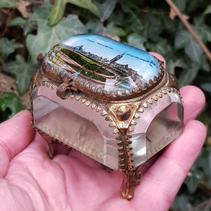 French Gilded Tin Bevel Glass Windowed Souvenir Trinket Box For The British Franco Exhibition London Antique circa 1908