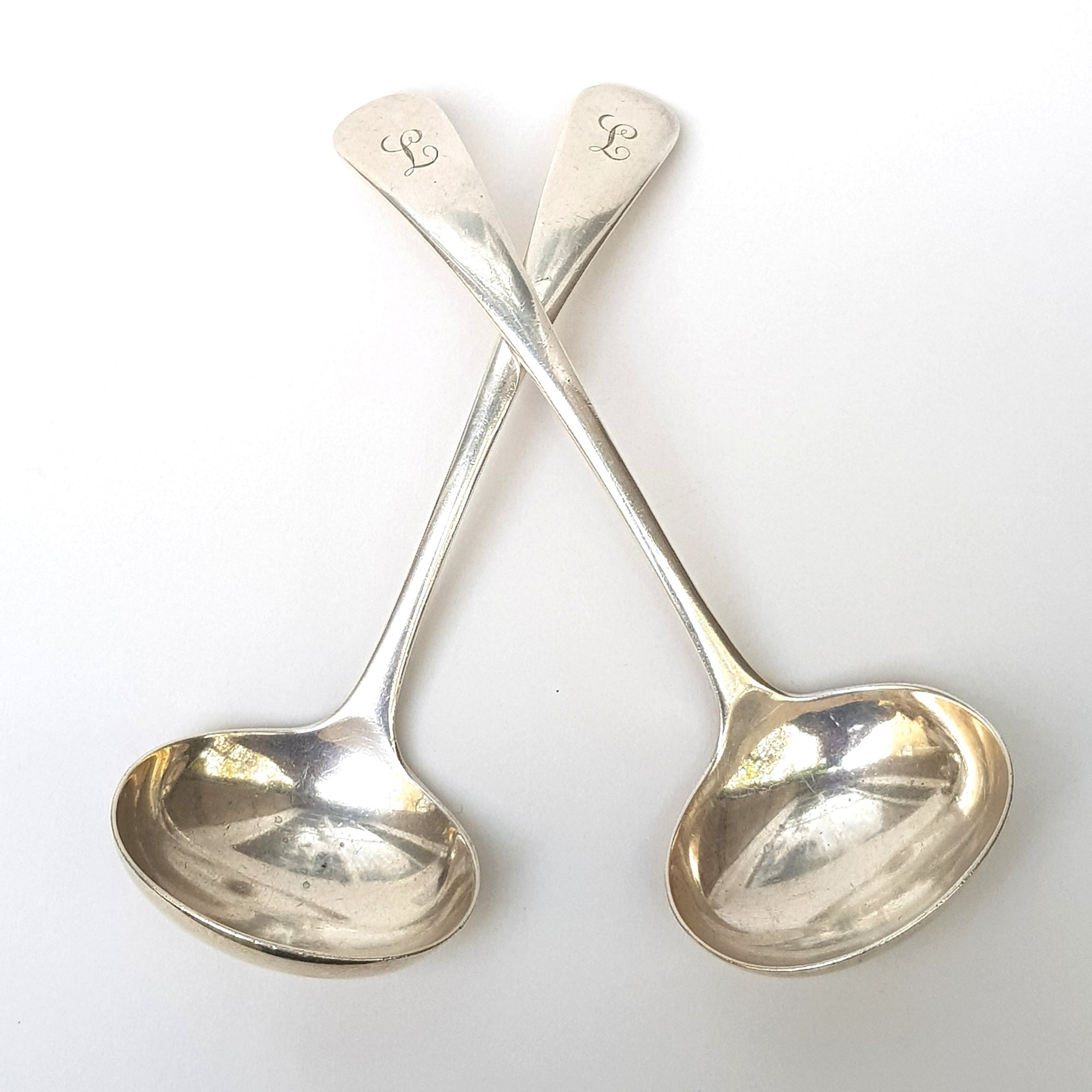 English Sterling Silver Matched Pair Of Sauce Ladles Vintage Birmingham Circa 1936