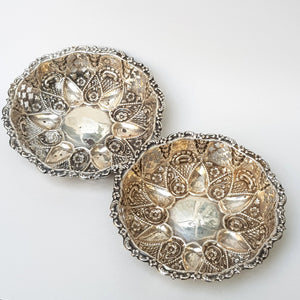 Sterling Silver Floral Repousse Worked Pair Of Ornate Bon Bon Dishes Antique Victorian Birmingham circa 1897