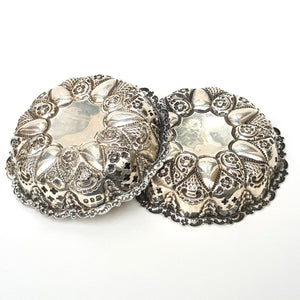 Sterling Silver Floral Repousse Worked Pair Of Ornate Bon Bon Dishes Antique Victorian Birmingham circa 1897