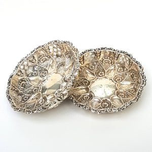 Sterling Silver Floral Repousse Worked Pair Of Ornate Bon Bon Dishes Antique Victorian Birmingham circa 1897