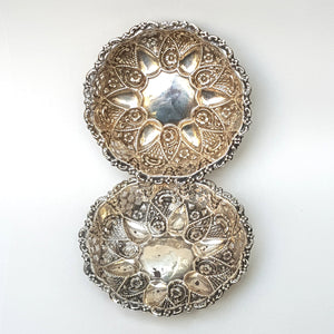 Sterling Silver Floral Repousse Worked Pair Of Ornate Bon Bon Dishes Antique Victorian Birmingham circa 1897