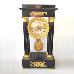 French Delaunay Ormolu Silver Dial Ebonised Portico Pendulum Clock Antique c1830