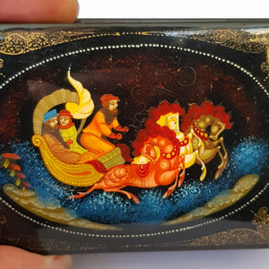 Horses And Sleigh At Night Hand Painted Papier Mache Snuff Box Antique Russian circa 1920