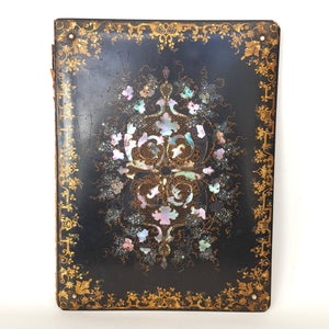 Japanned Ornate Abalone Inlaid/Moonstone Roundel Set Papier Mache Blotter Antique Victorian circa 1850s