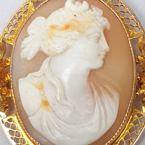 9k Gold Hand Carved Shell Cameo Brooch Pendant Nyx Goddess Of Night Antique Circa 1910