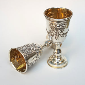 Sterling Silver Ornate Matched Pair Of Kiddush Cups Antique Edwardian London Circa 1905