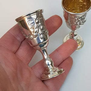 Sterling Silver Ornate Matched Pair Of Kiddush Cups Antique Edwardian London Circa 1905