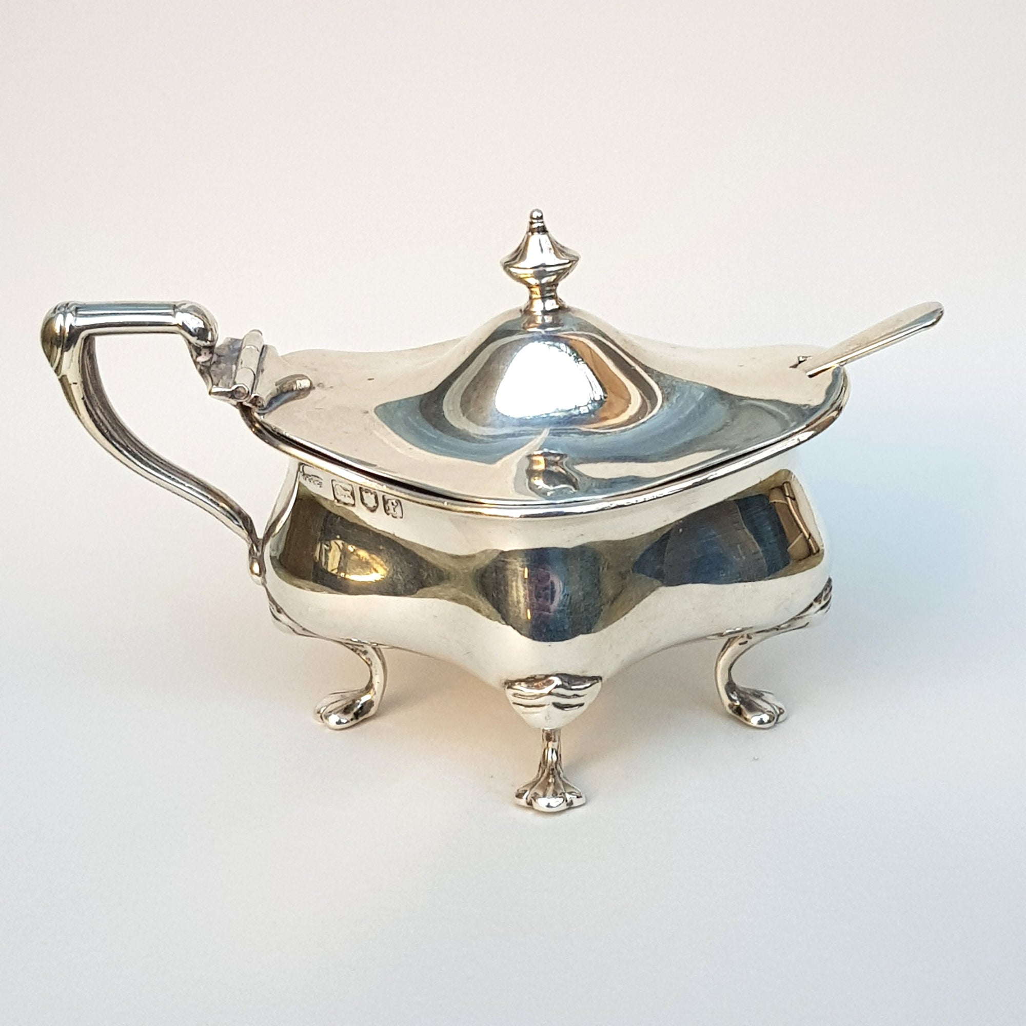 Sterling Silver Mustard Pot With Bristol Blue Glass Liner And Sterling Silver Spoon Antique Victorian London Circa 1901