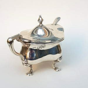 Sterling Silver Mustard Pot With Bristol Blue Glass Liner And Sterling Silver Spoon Antique Victorian London Circa 1901