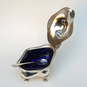 Sterling Silver Mustard Pot With Bristol Blue Glass Liner And Sterling Silver Spoon Antique Victorian London Circa 1901