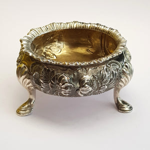 Large Sterling Silver Three Footed Floral Repousse Table Salt Antique Victorian London circa 1856