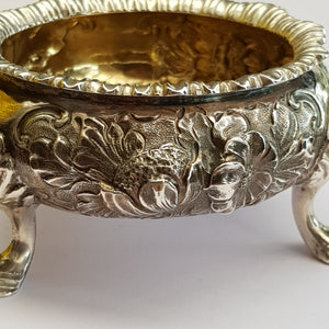 Large Sterling Silver Three Footed Floral Repousse Table Salt Antique Victorian London circa 1856