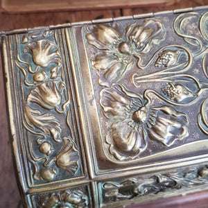 French Gilt Spelter Lidded Carved Oak Ornate Stationary Box Antique Art Nouveau circa 1900