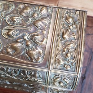 French Gilt Spelter Lidded Carved Oak Ornate Stationary Box Antique Art Nouveau circa 1900