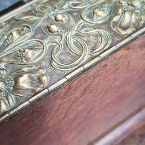 French Gilt Spelter Lidded Carved Oak Ornate Stationary Box Antique Art Nouveau circa 1900