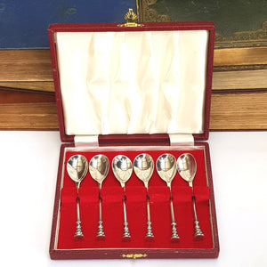 Boxed Set of 6 Sterling Silver Turned Tamper Finial Tea Spoons Antique Sheffield circa 1921