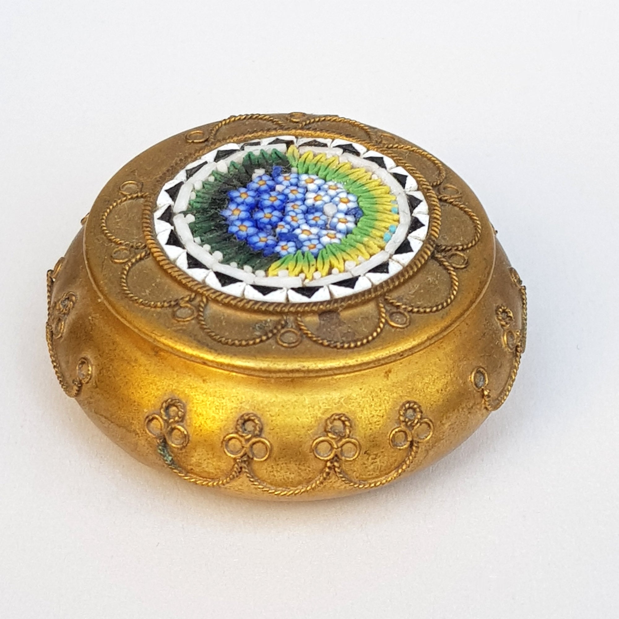 Italian Ormolu Bronze Trinket Pill Box With Floral Enamel Micro Mosaic Cartouche Antique Circa 1910