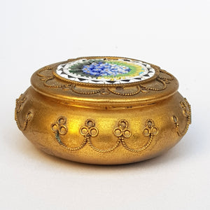 Italian Ormolu Bronze Trinket Pill Box With Floral Enamel Micro Mosaic Cartouche Antique Circa 1910