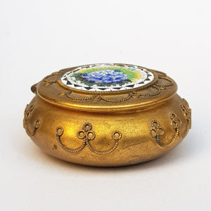 Italian Ormolu Bronze Trinket Pill Box With Floral Enamel Micro Mosaic Cartouche Antique Circa 1910