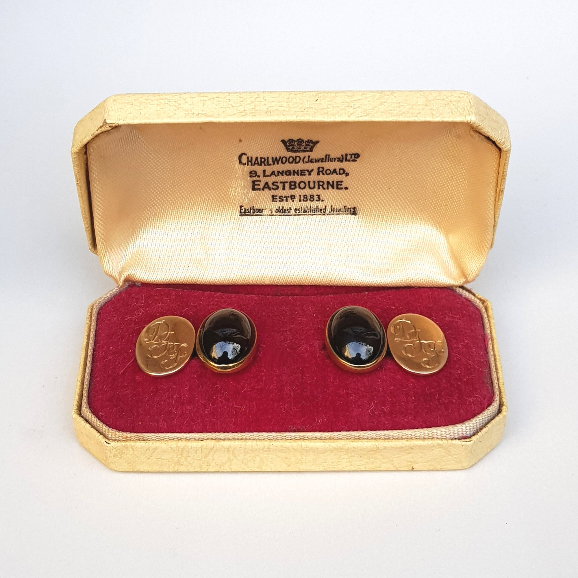 Heavy Pair Of 9k Gold Garnet Cabochon Cufflinks With Monogram Initials Vintage Sheffield Circa 1988