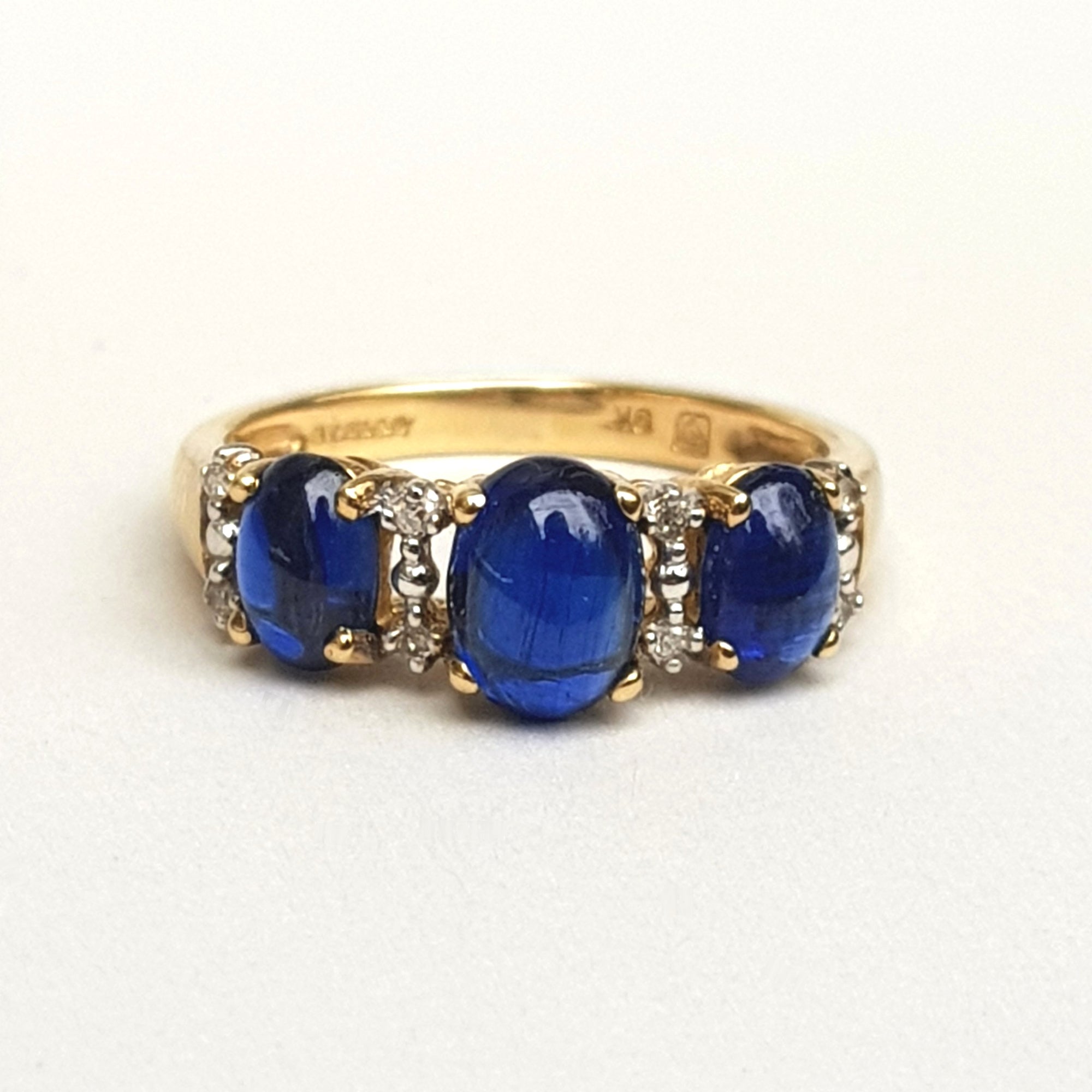 9k Yellow Gold Sapphire Cabochon Set Trilogy Ring Size UK L 1/2