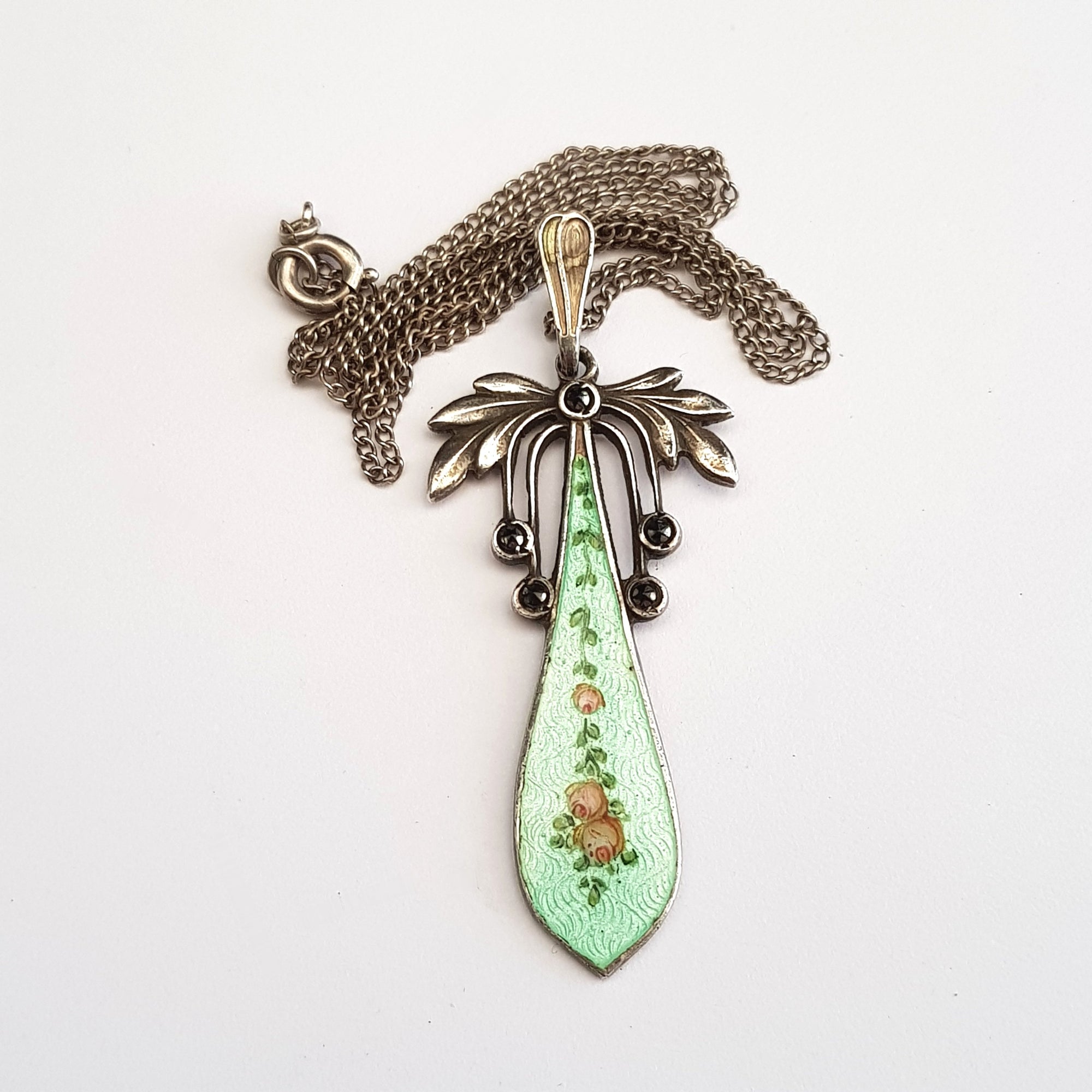 Sterling Silver Hand Painted Guilloche Decorated Pendant On Silver Chain Antique Edwardian circa 1910