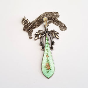 Sterling Silver Hand Painted Guilloche Decorated Pendant On Silver Chain Antique Edwardian circa 1910