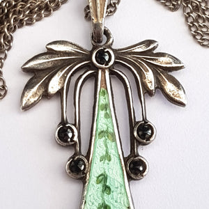 Sterling Silver Hand Painted Guilloche Decorated Pendant On Silver Chain Antique Edwardian circa 1910