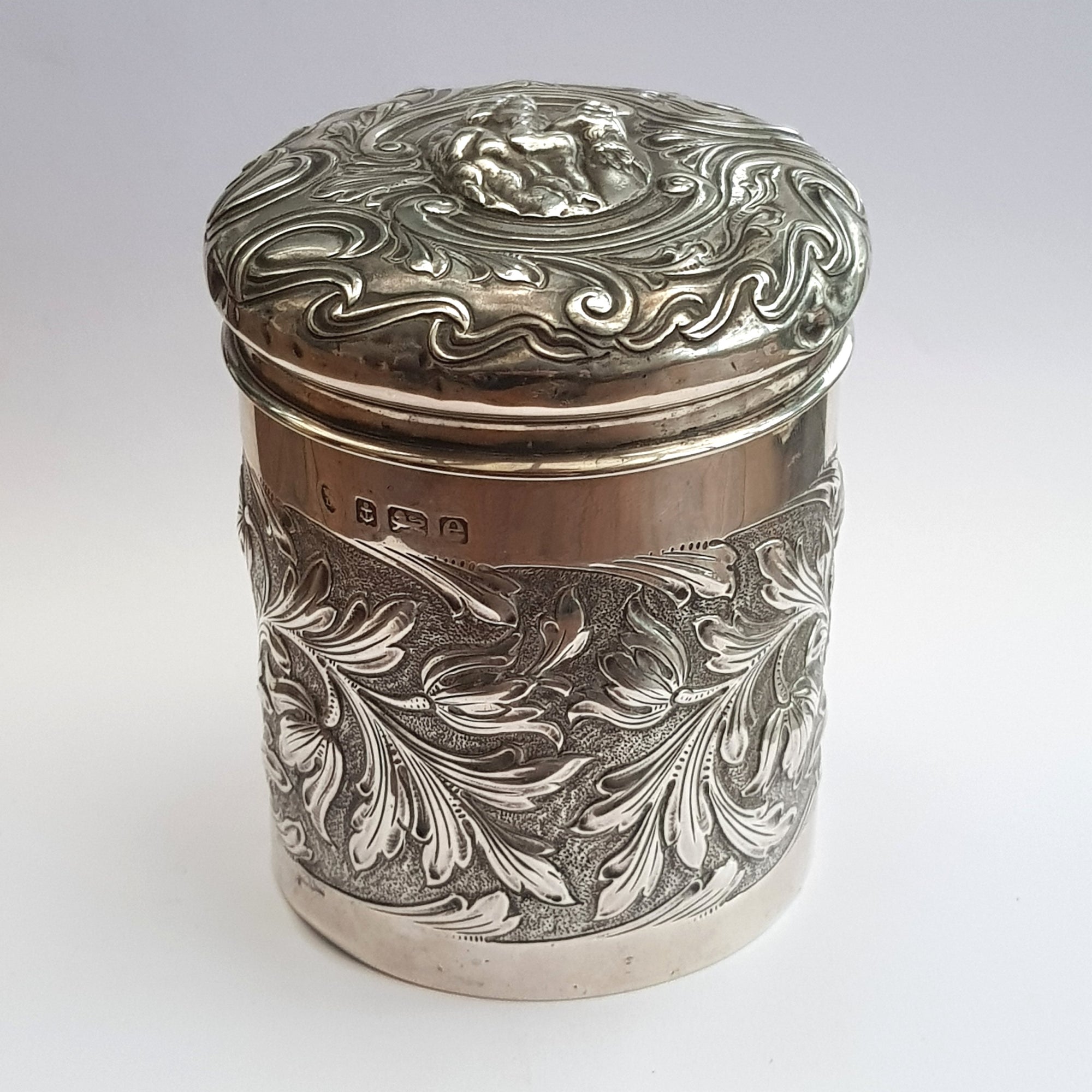 Superb Sterling Silver Cherub And Floral Repousse Drum Shaped Box Antique Edwardian circa 1904