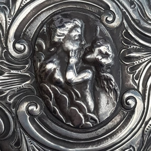 Superb Sterling Silver Cherub And Floral Repousse Drum Shaped Box Antique Edwardian circa 1904