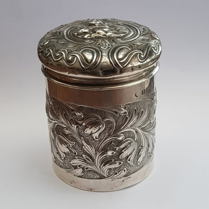 Superb Sterling Silver Cherub And Floral Repousse Drum Shaped Box Antique Edwardian circa 1904